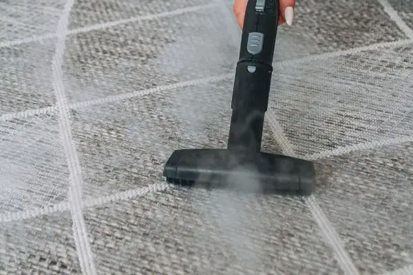 Woman using a steam cleaner to clean carpet at home