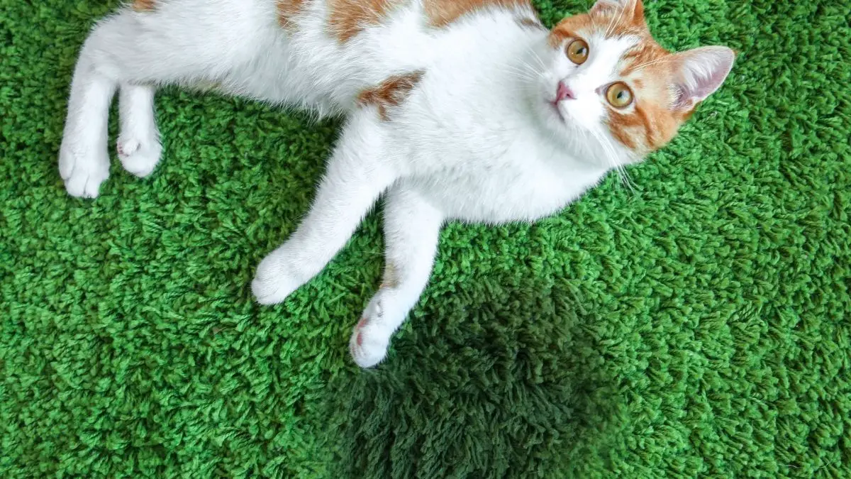 Cat On A Green Carpet With A Pee Stain