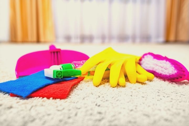 Gloves Rags Dustpan Spray And Brush On Carpet