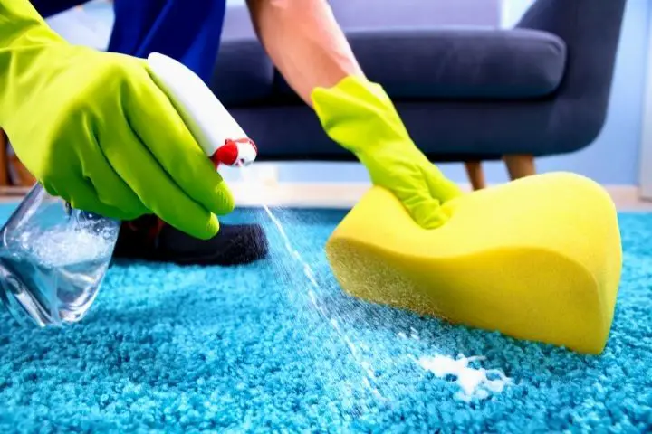 A Man Cleans Carpet With Spray