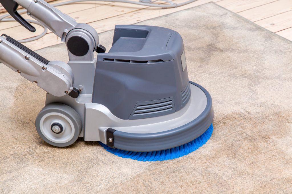 Carpets Chemical Cleaning With Professionally Disk Machine. Early Spring Cleaning